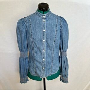 Veronica Beard Blue Denim Button-Down Shirt with Puffy Sleeves & Mandarin Collar